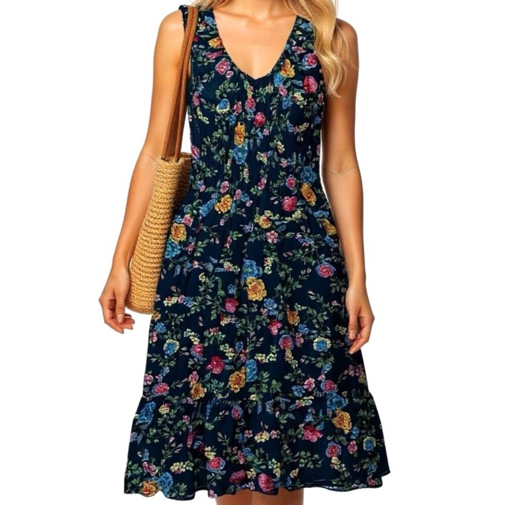 Lapis Midi Smocked Sleeveless Dress Large Tiered Cottagecore Prairie Floral